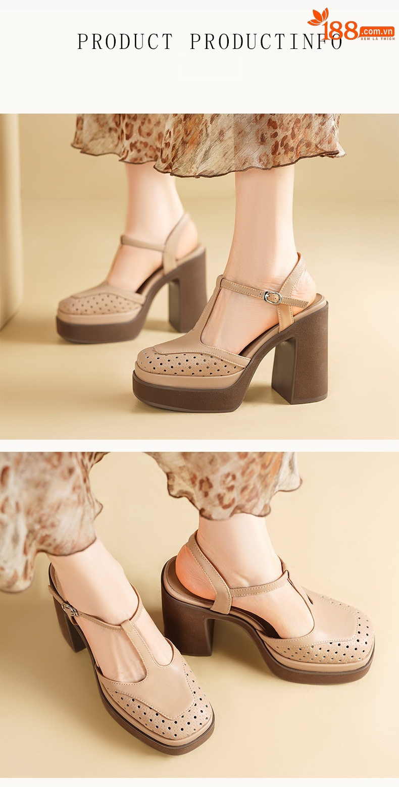 Sandal cao gót nữ mũi nhọn quai T khóa, đế dày 11 cm, phong cách dệt — màu trắng ngà chi tiết 3