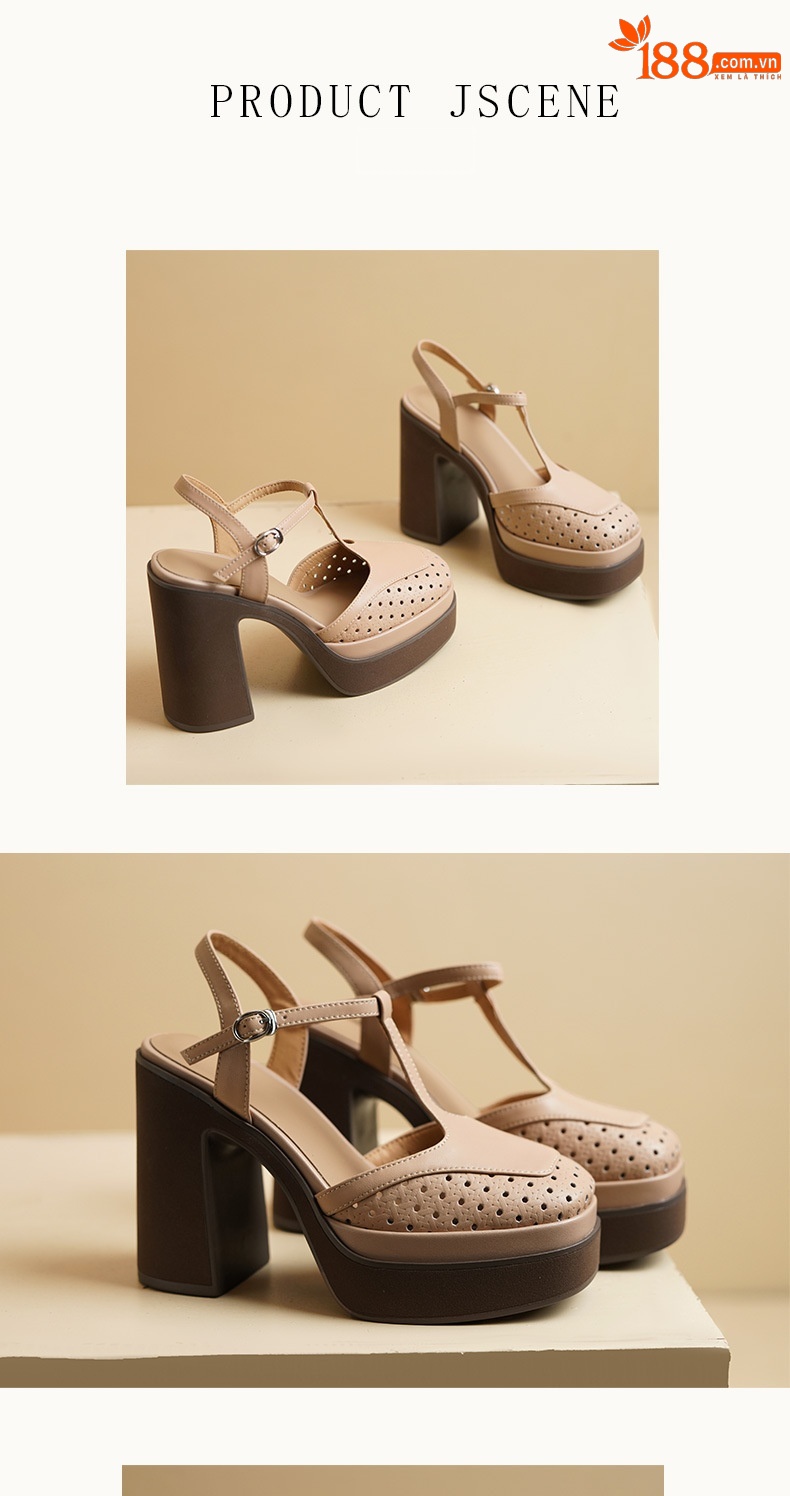 Sandal cao gót nữ mũi nhọn quai T khóa, đế dày 11 cm, phong cách dệt — màu trắng ngà chi tiết 6