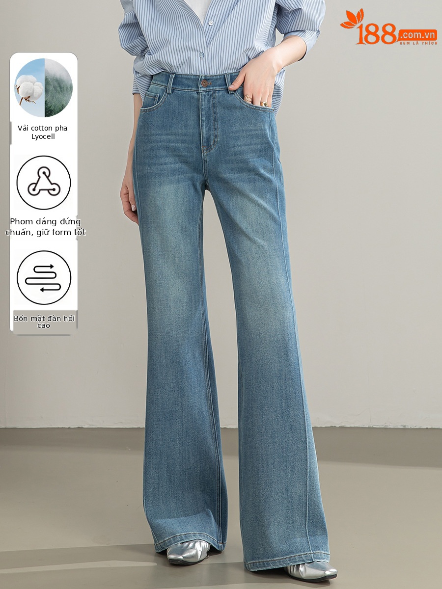 Quần jean nữ cạp cao ống rộng vải Tencel cotton co giãn 4 chiều dáng suông nhẹ — xanh lam