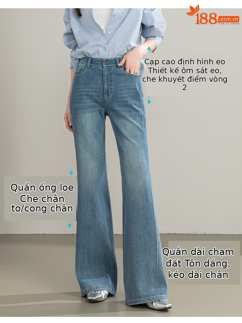 Quần jean nữ cạp cao ống rộng vải Tencel cotton co giãn 4 chiều dáng suông nhẹ — xanh lam chi tiết 5