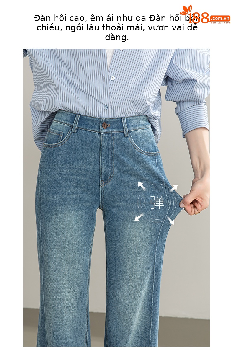 Quần jean nữ cạp cao ống rộng vải Tencel cotton co giãn 4 chiều dáng suông nhẹ — xanh lam chi tiết 6