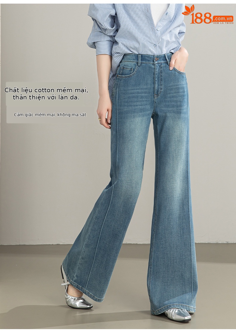 Quần jean nữ cạp cao ống rộng vải Tencel cotton co giãn 4 chiều dáng suông nhẹ — xanh lam chi tiết 9
