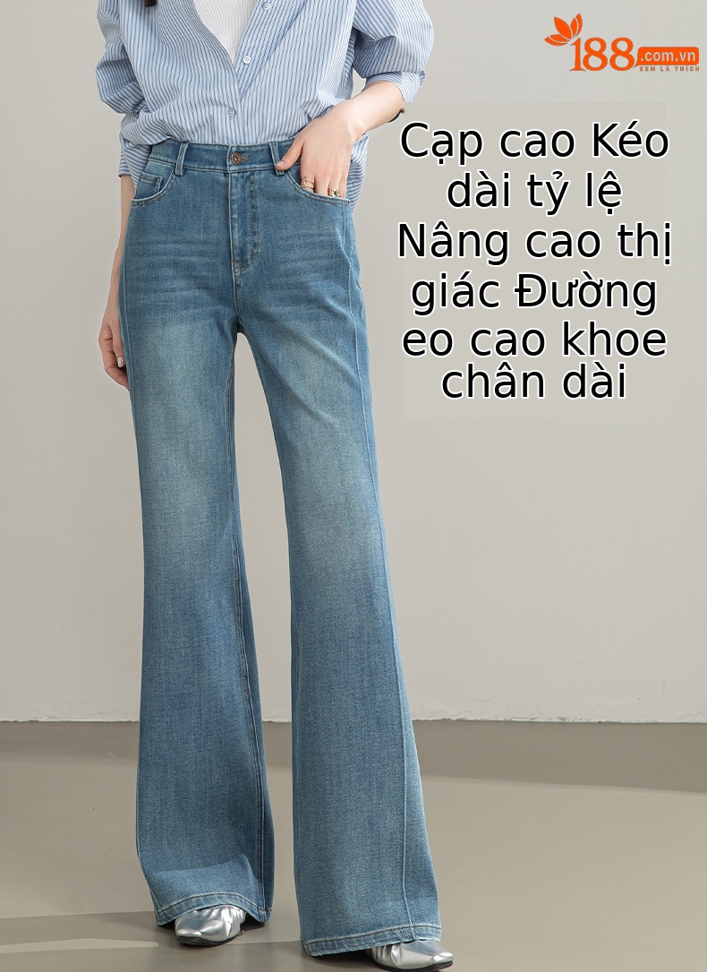 Quần jean nữ cạp cao ống rộng vải Tencel cotton co giãn 4 chiều dáng suông nhẹ — xanh lam chi tiết 10