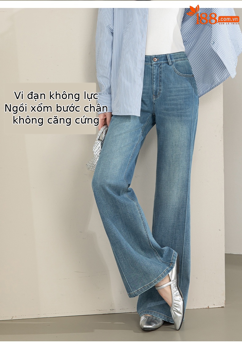 Quần jean nữ cạp cao ống rộng vải Tencel cotton co giãn 4 chiều dáng suông nhẹ — xanh lam chi tiết 11