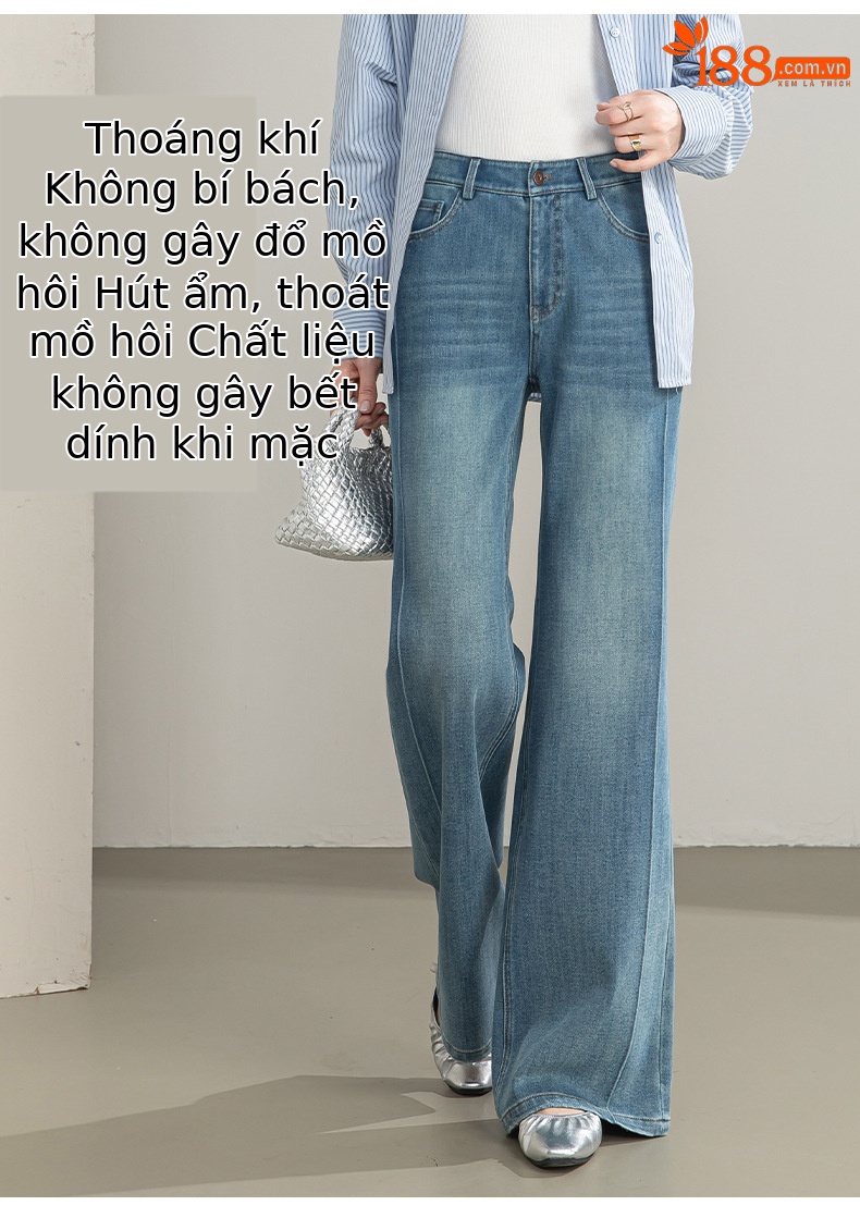 Quần jean nữ cạp cao ống rộng vải Tencel cotton co giãn 4 chiều dáng suông nhẹ — xanh lam chi tiết 12