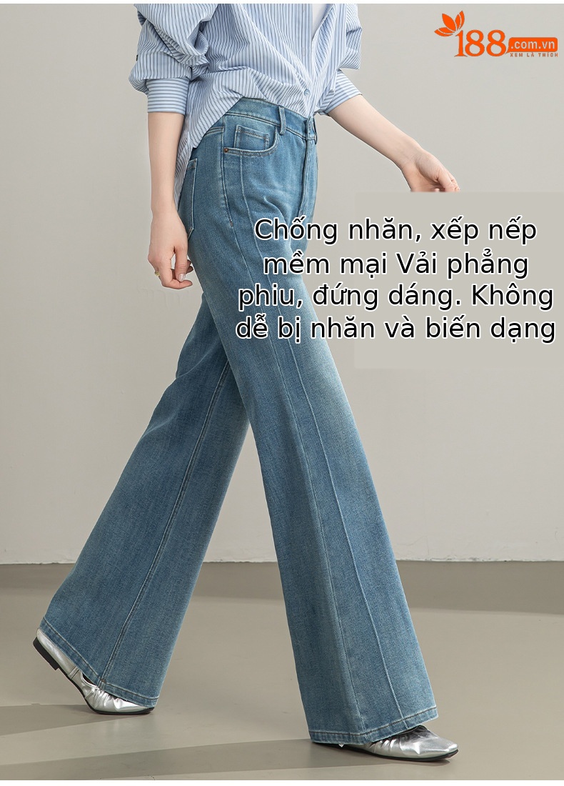 Quần jean nữ cạp cao ống rộng vải Tencel cotton co giãn 4 chiều dáng suông nhẹ — xanh lam chi tiết 13