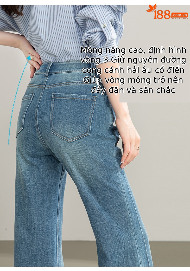 Quần jean nữ cạp cao ống rộng vải Tencel cotton co giãn 4 chiều dáng suông nhẹ — xanh lam chi tiết 14