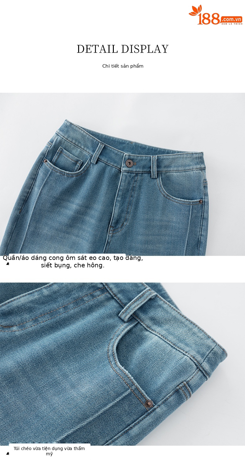 Quần jean nữ cạp cao ống rộng vải Tencel cotton co giãn 4 chiều dáng suông nhẹ — xanh lam chi tiết 15