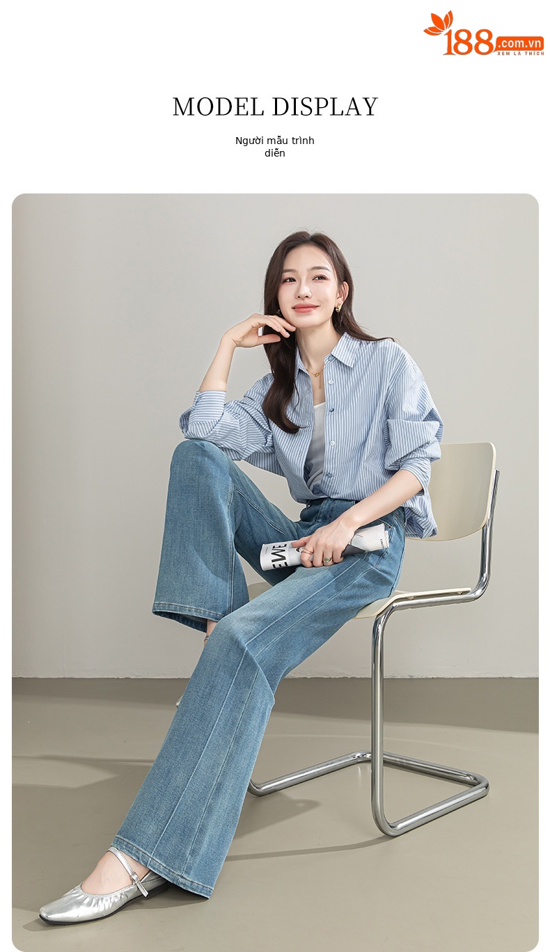Quần jean nữ cạp cao ống rộng vải Tencel cotton co giãn 4 chiều dáng suông nhẹ — xanh lam chi tiết 19