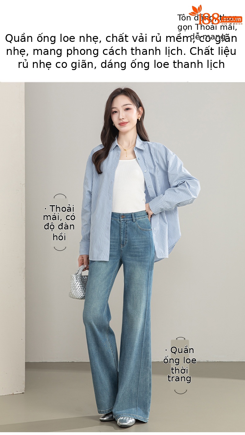 Quần jean nữ cạp cao ống rộng vải Tencel cotton co giãn 4 chiều dáng suông nhẹ — xanh lam chi tiết 1