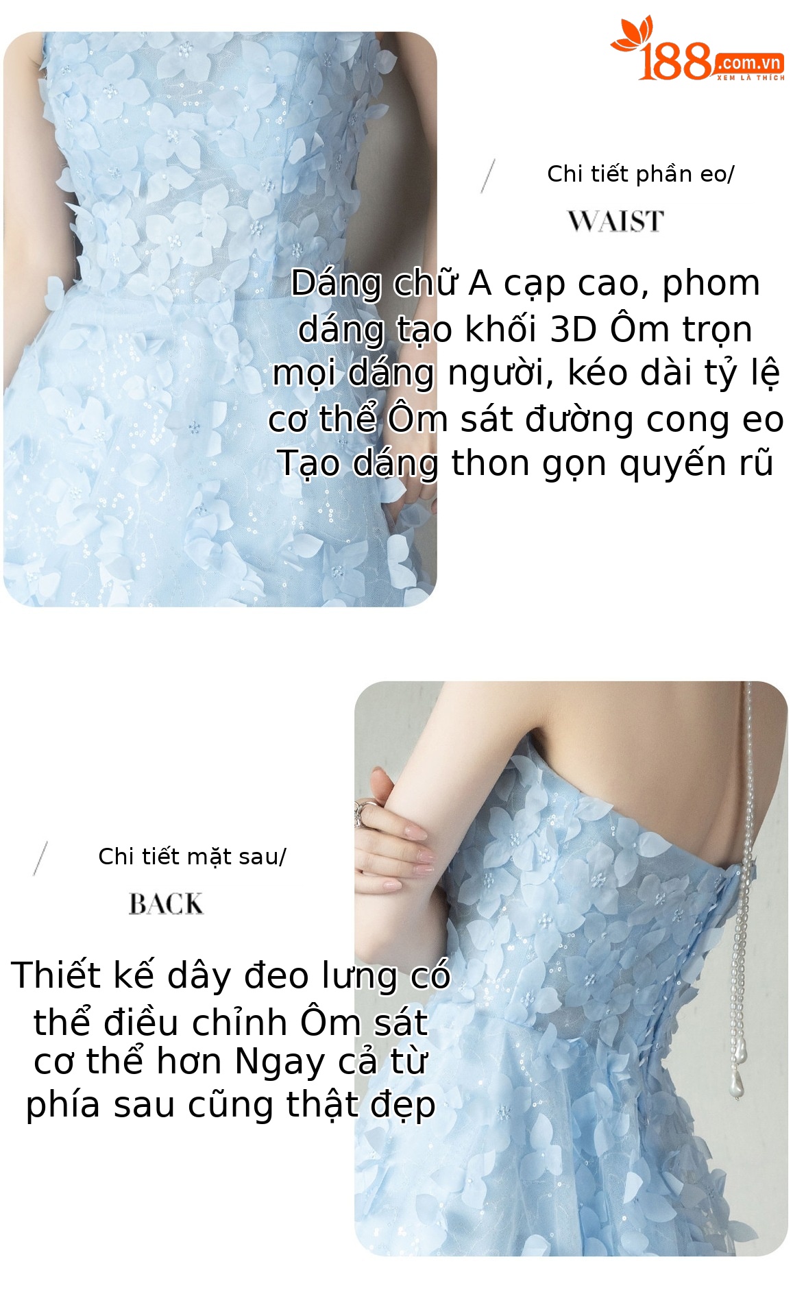 Đầm maxi nữ thắt eo dự tiệc cưới kiểu dáng thanh lịch — Xanh dương chi tiết 4