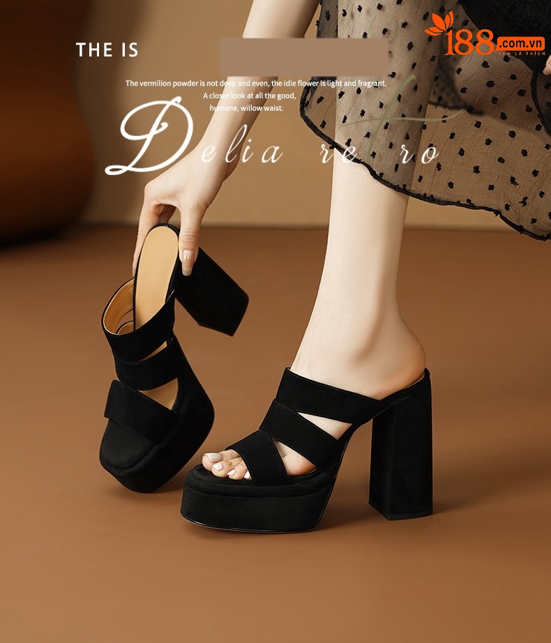 Sandal cao gót nữ hở mũi gót thô 12 cm đế dày phong cách La Mã — đen chi tiết 1