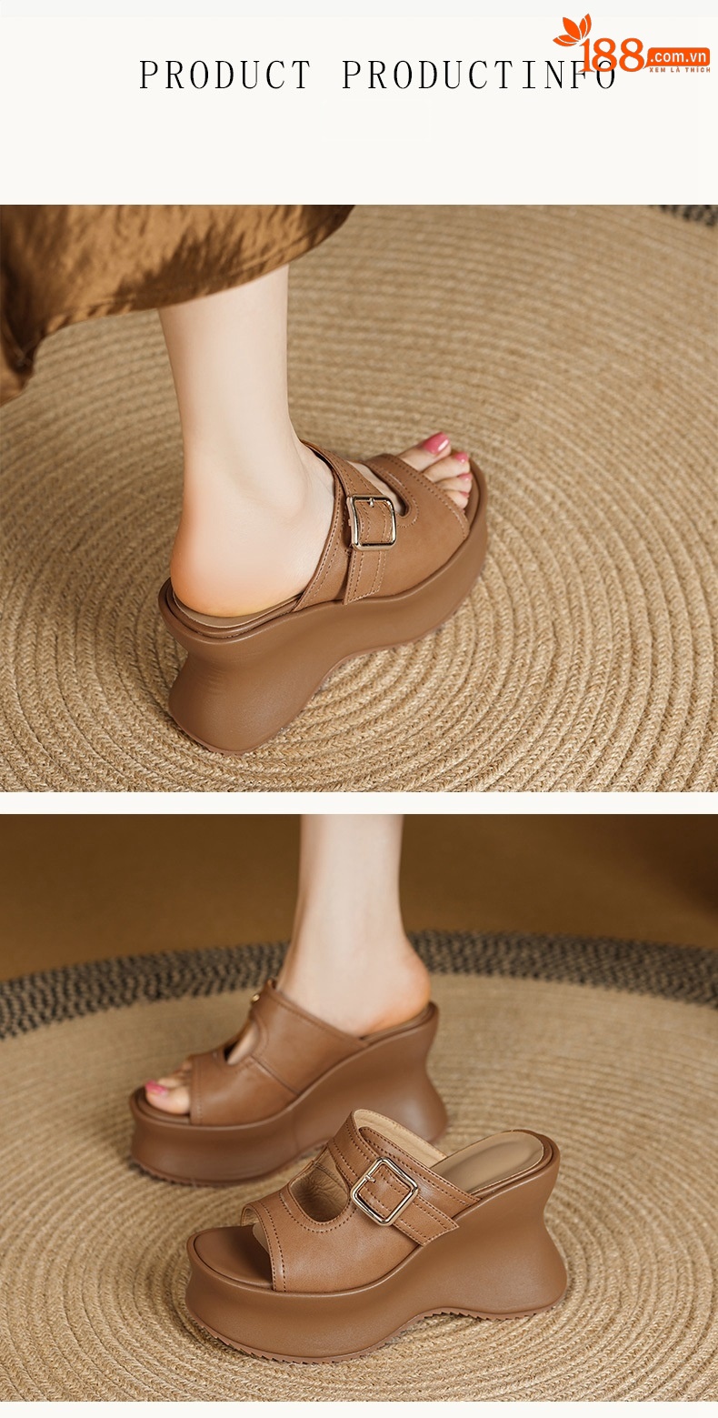 Sandal hở mũi nữ đế xuồng cao gót 9 cm quai ngang khóa móc da bò — màu nâu chi tiết 2