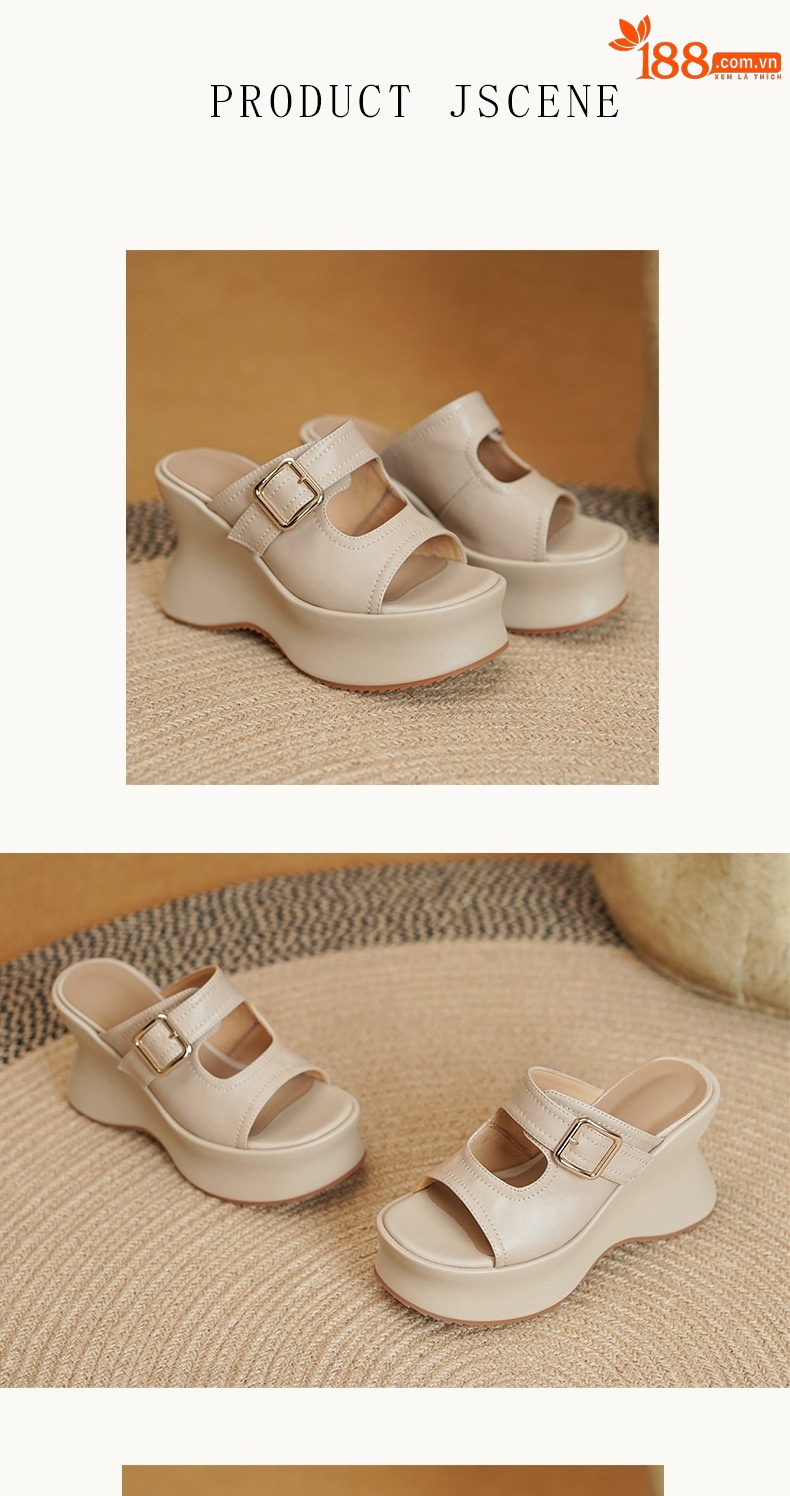 Sandal hở mũi nữ đế xuồng cao gót 9 cm quai ngang khóa móc da bò — màu nâu chi tiết 5