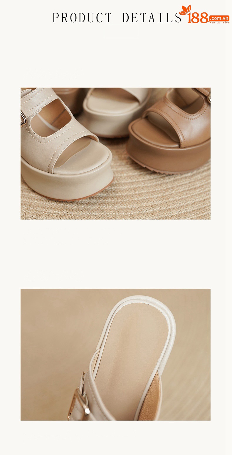 Sandal hở mũi nữ đế xuồng cao gót 9 cm quai ngang khóa móc da bò — màu nâu chi tiết 7
