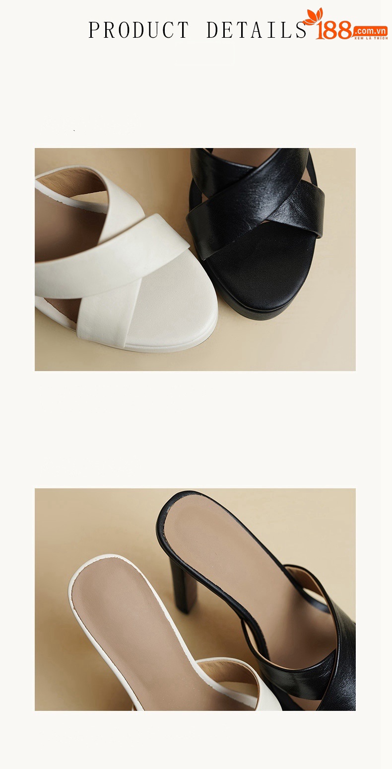Sandal cao gót nữ da dê hở mũi gót vuông đế dày 13 cm — đen chi tiết 7