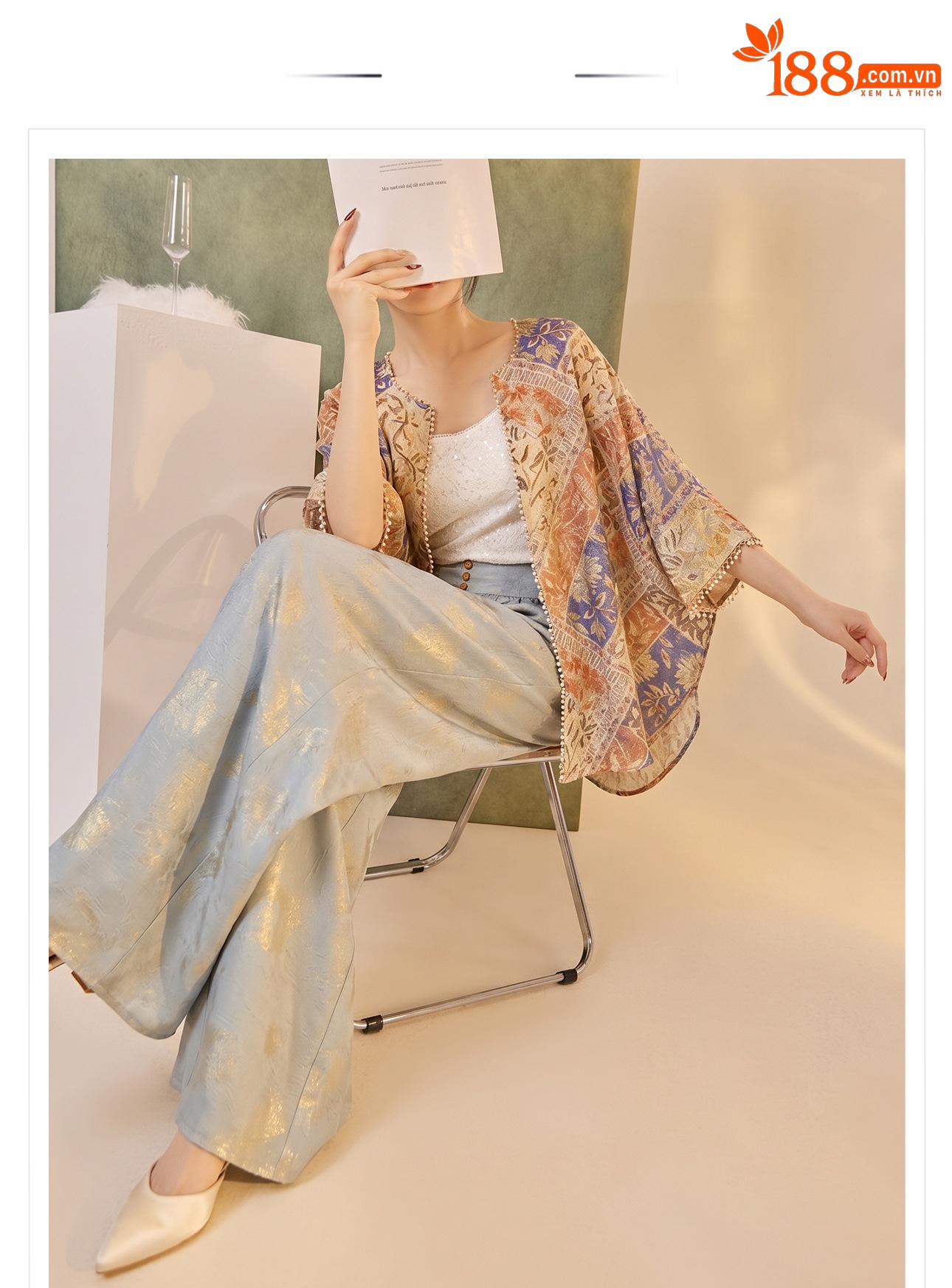 Áo cardigan mùa hè mỏng nhẹ thoáng khí, họa tiết in chống nắng đính cườm, dáng rộng — Xanh da trờicolor, Thái Đường chi tiết 1