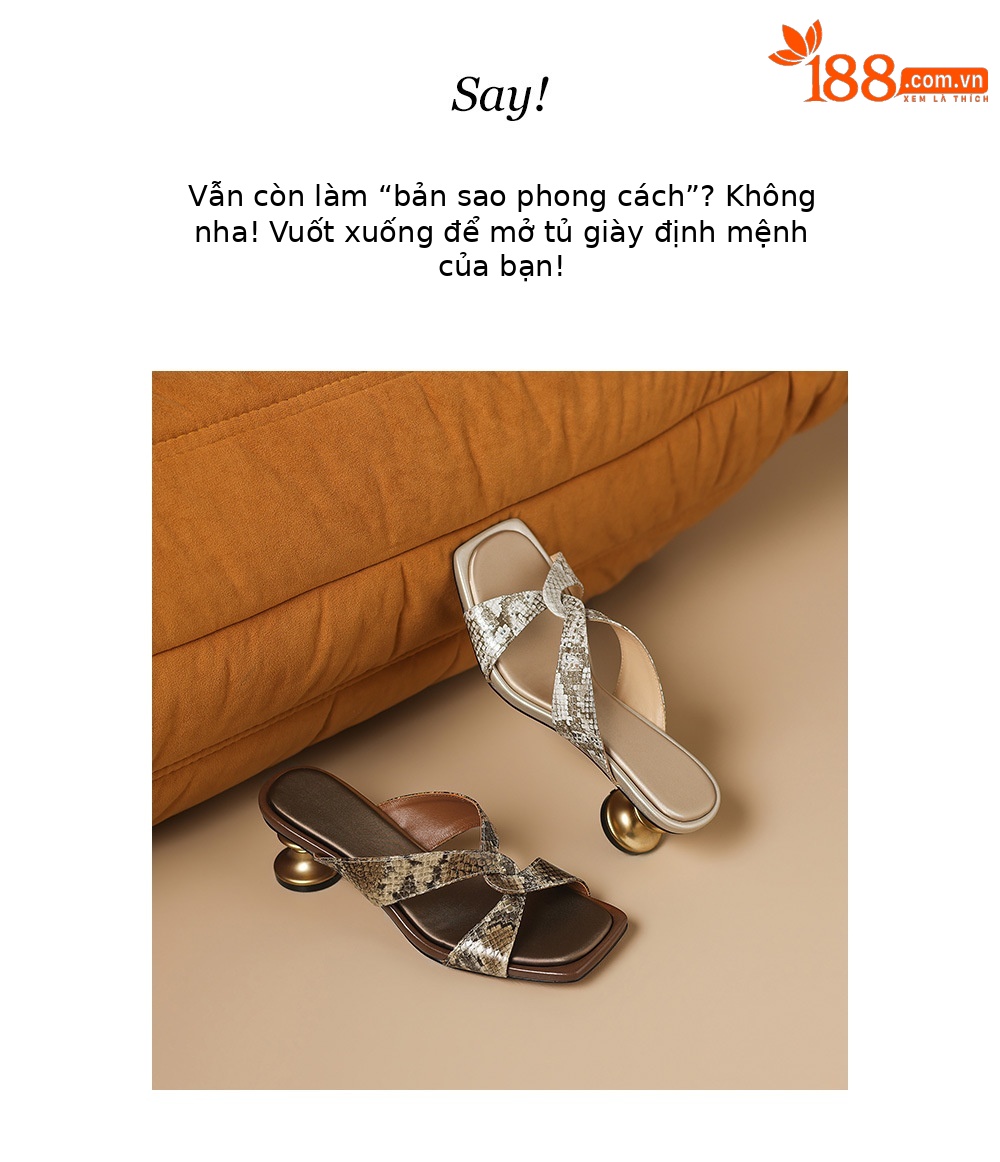 Sandal cao gót nữ hở mũi quai chéo vân rắn, gót cao 9 cm, mũi vuông kim loại — màu nâu, màu xám chi tiết 2