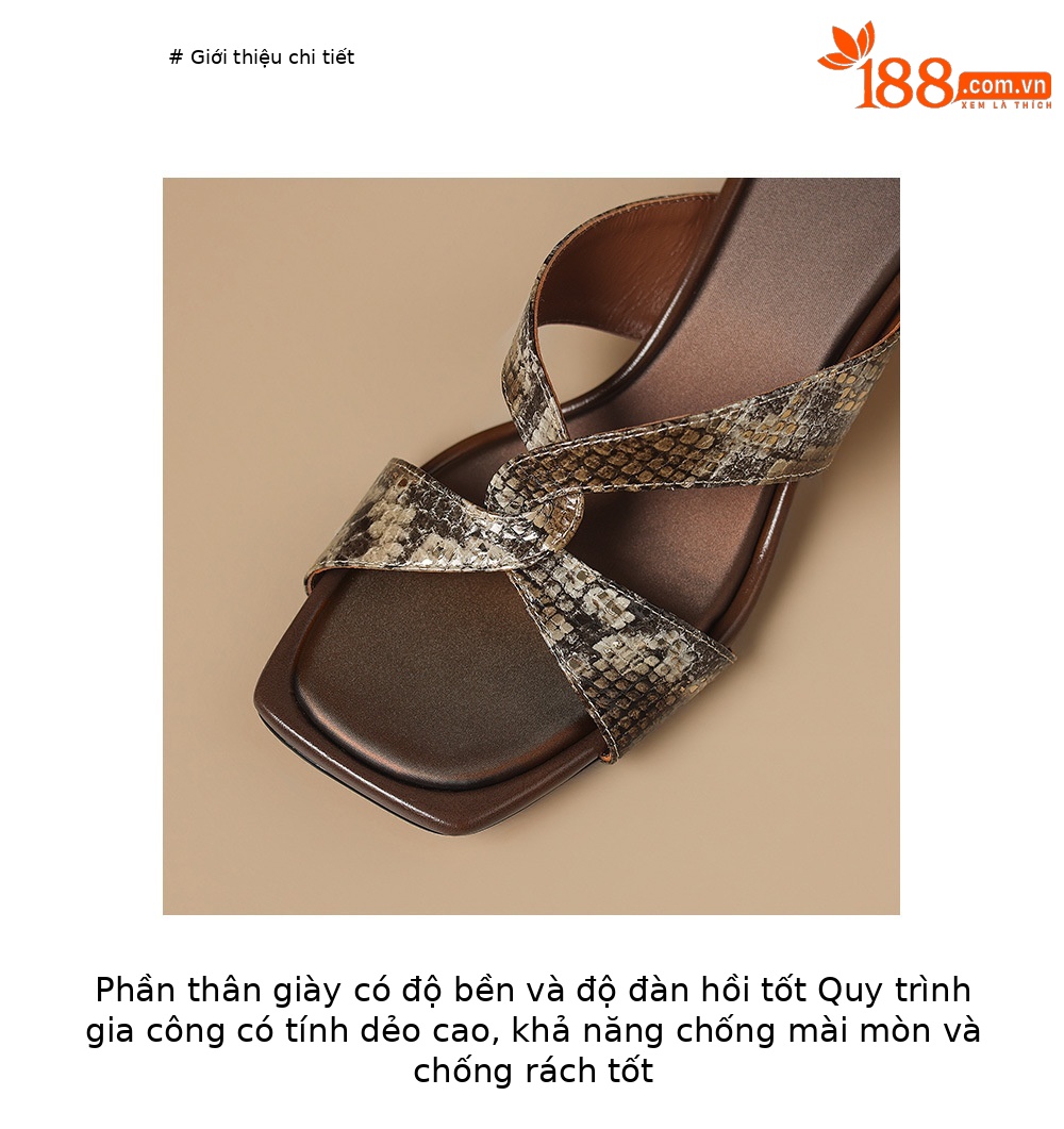 Sandal cao gót nữ hở mũi quai chéo vân rắn, gót cao 9 cm, mũi vuông kim loại — màu nâu, màu xám chi tiết 5
