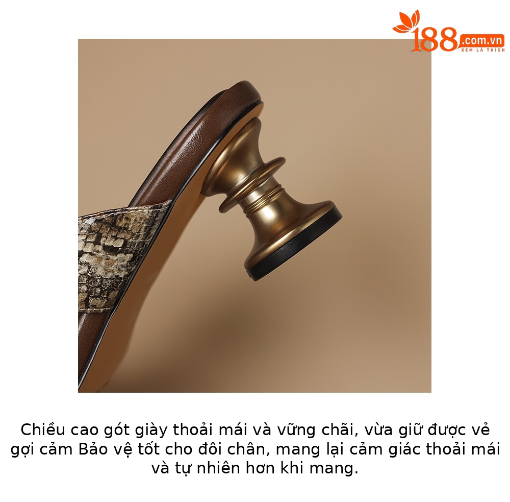 Sandal cao gót nữ hở mũi quai chéo vân rắn, gót cao 9 cm, mũi vuông kim loại — màu nâu, màu xám chi tiết 6