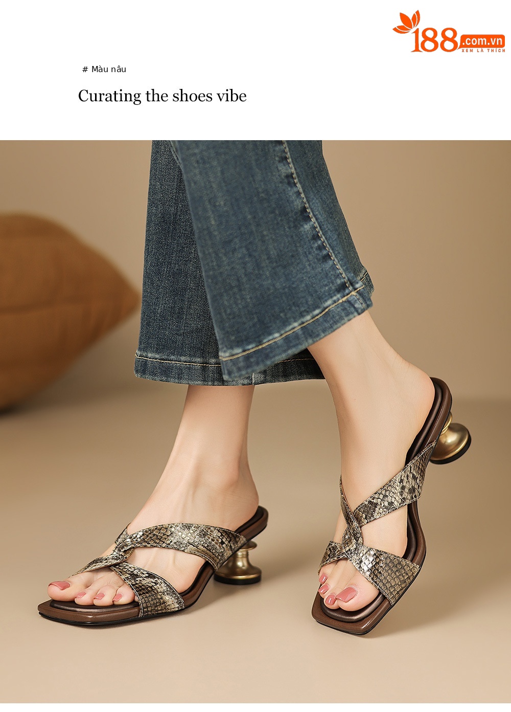 Sandal cao gót nữ hở mũi quai chéo vân rắn, gót cao 9 cm, mũi vuông kim loại — màu nâu, màu xám chi tiết 9