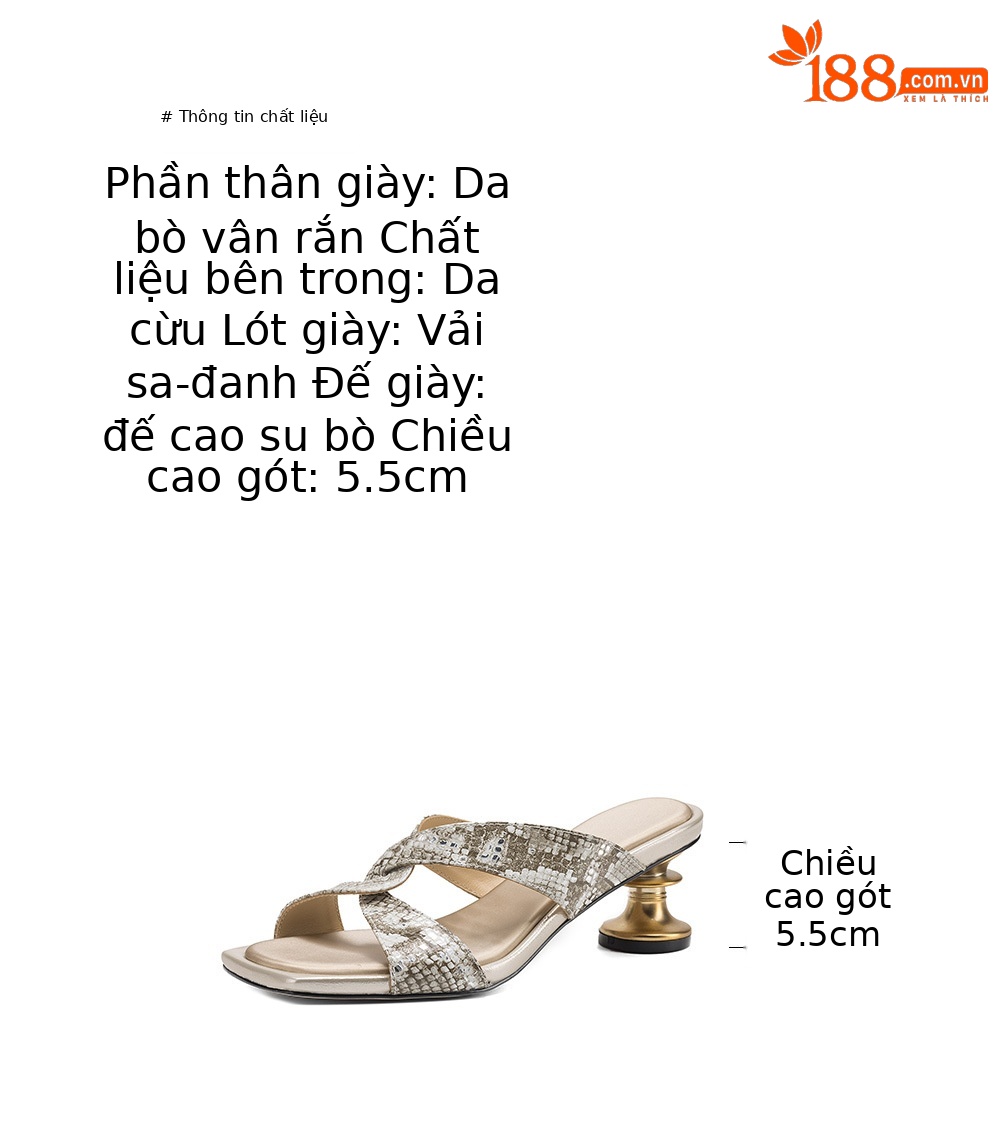 Sandal cao gót nữ hở mũi quai chéo vân rắn, gót cao 9 cm, mũi vuông kim loại — màu nâu, màu xám chi tiết 3