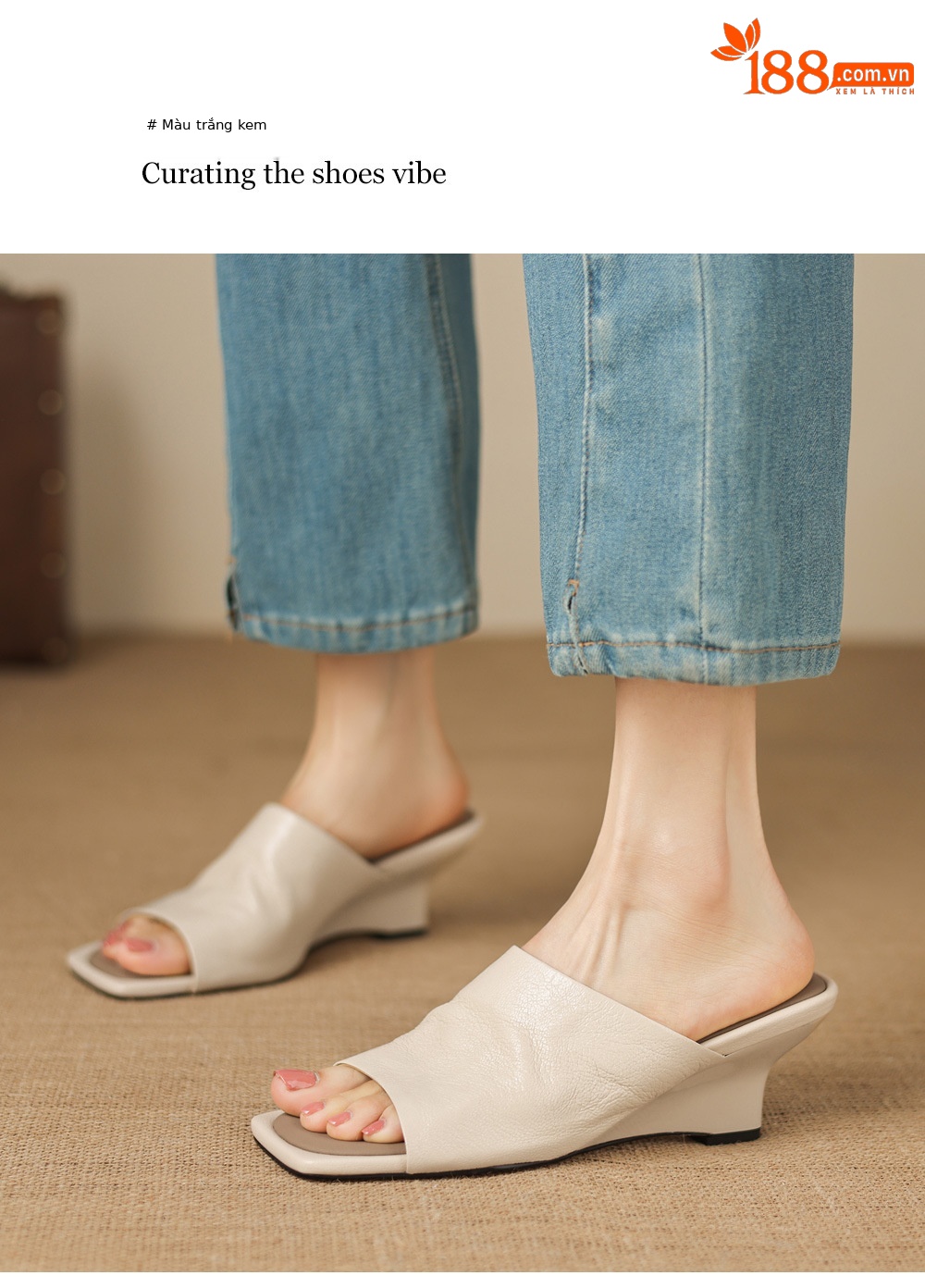 Sandal cao gót nữ mũi hở da cừu siêu mềm, quai ngang, gót xuồng 5 cm, phong cách Pháp — Trà sữa màu, màu trắng ngà chi tiết 9