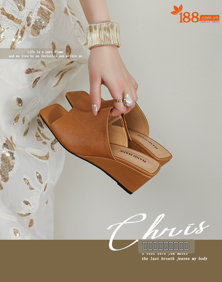 Sandal cao gót nữ hở mũi da bò mũi vuông quai ngang đế xuồng — màu đen, Màu caramel chi tiết 1
