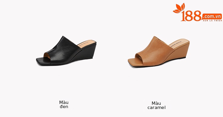 Sandal cao gót nữ hở mũi da bò mũi vuông quai ngang đế xuồng — màu đen, Màu caramel chi tiết 2