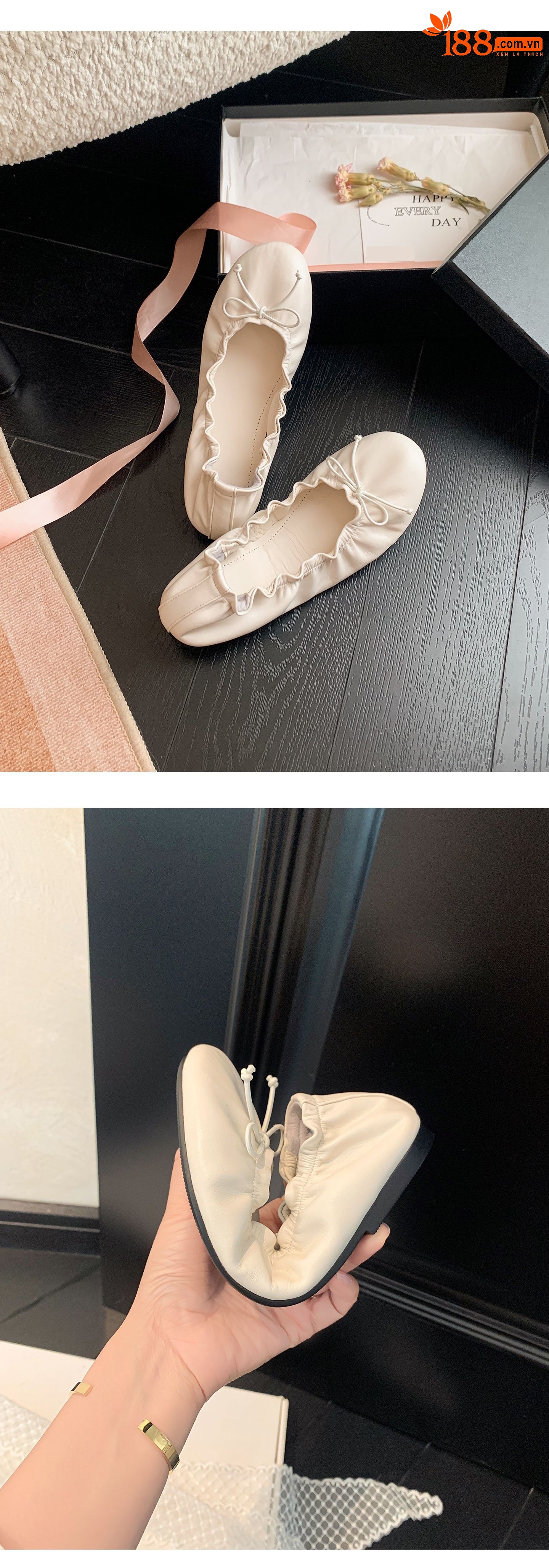 Giày ballet nữ mũi tròn buộc dây nơ, đế mềm, miệng nông — màu nâu chi tiết 12