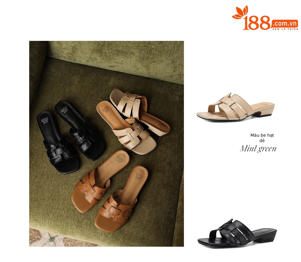 Sandal nữ da bò gót vuông thấp mũi vuông hở ngón phong cách Hàn Quốc — đen chi tiết 4