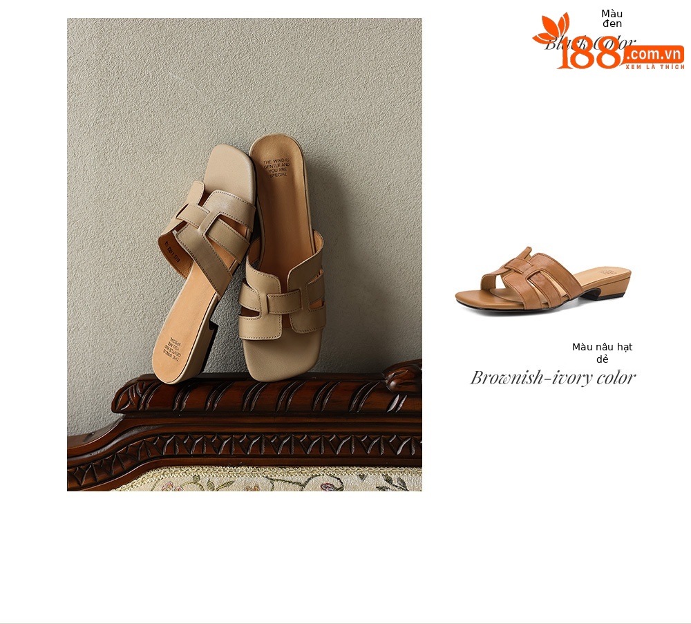 Sandal nữ da bò gót vuông thấp mũi vuông hở ngón phong cách Hàn Quốc — đen chi tiết 5