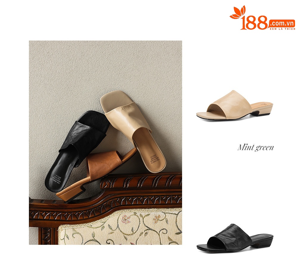 Dép sandal nữ quai chữ V mũi vuông da bò gót thấp — đen chi tiết 3
