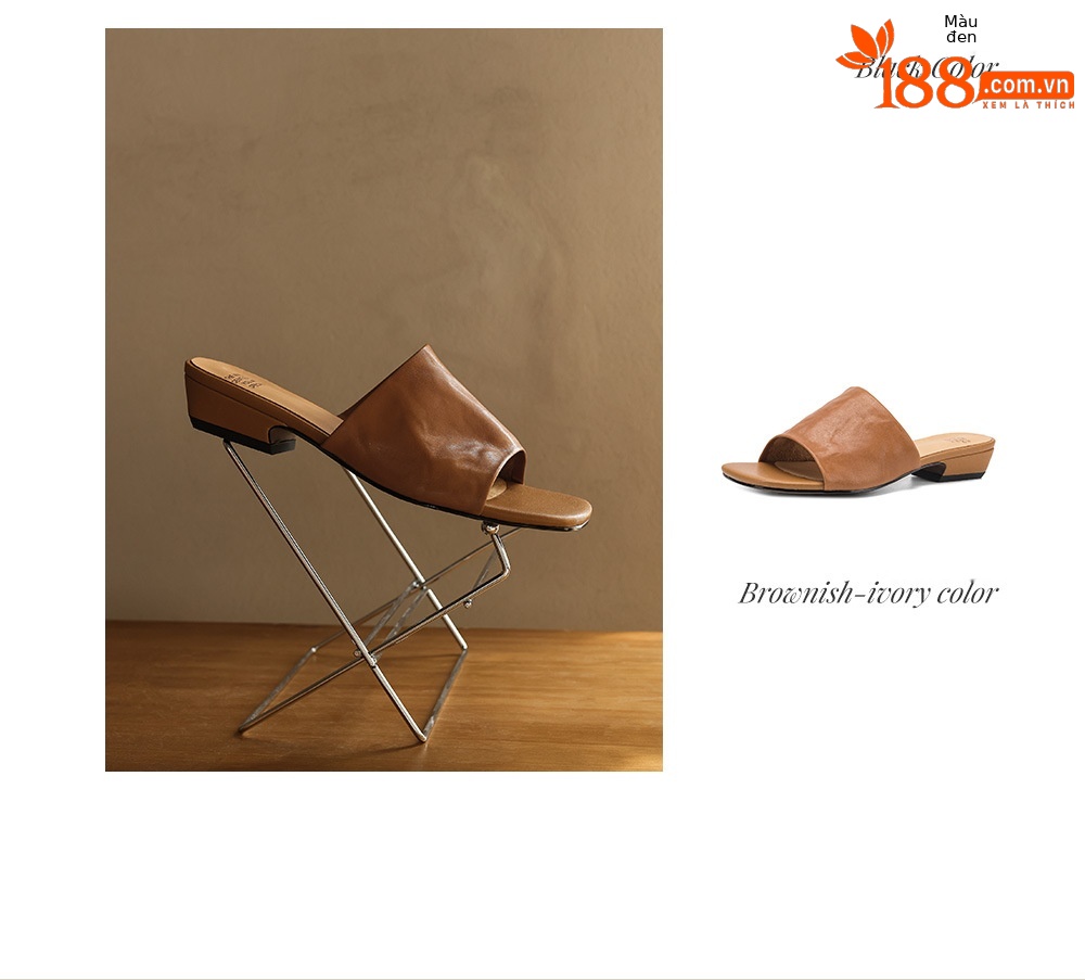 Dép sandal nữ quai chữ V mũi vuông da bò gót thấp — đen chi tiết 4