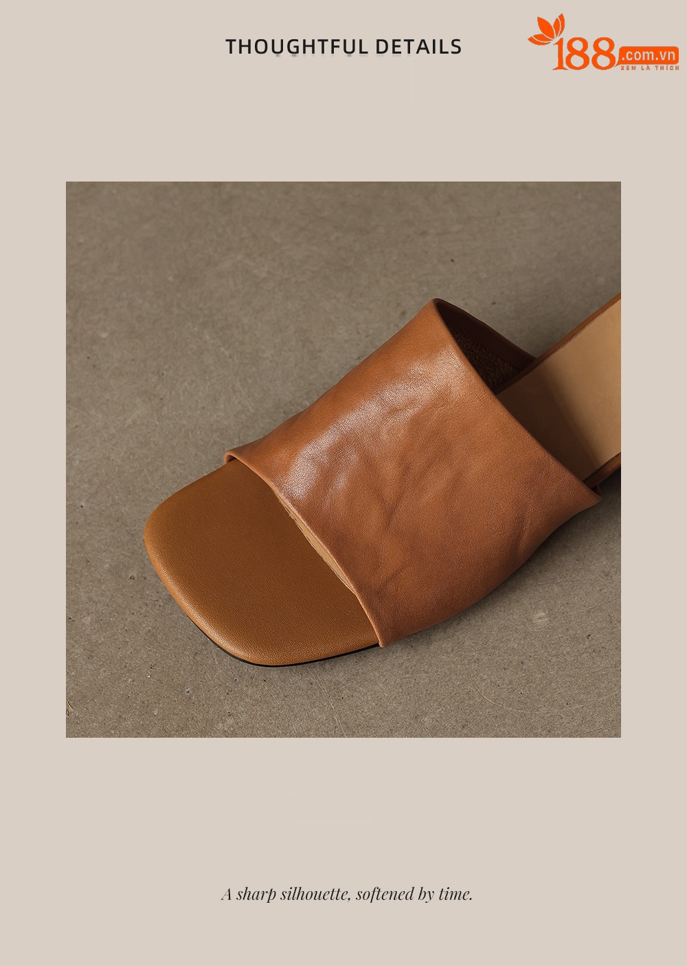 Dép sandal nữ quai chữ V mũi vuông da bò gót thấp — đen chi tiết 23