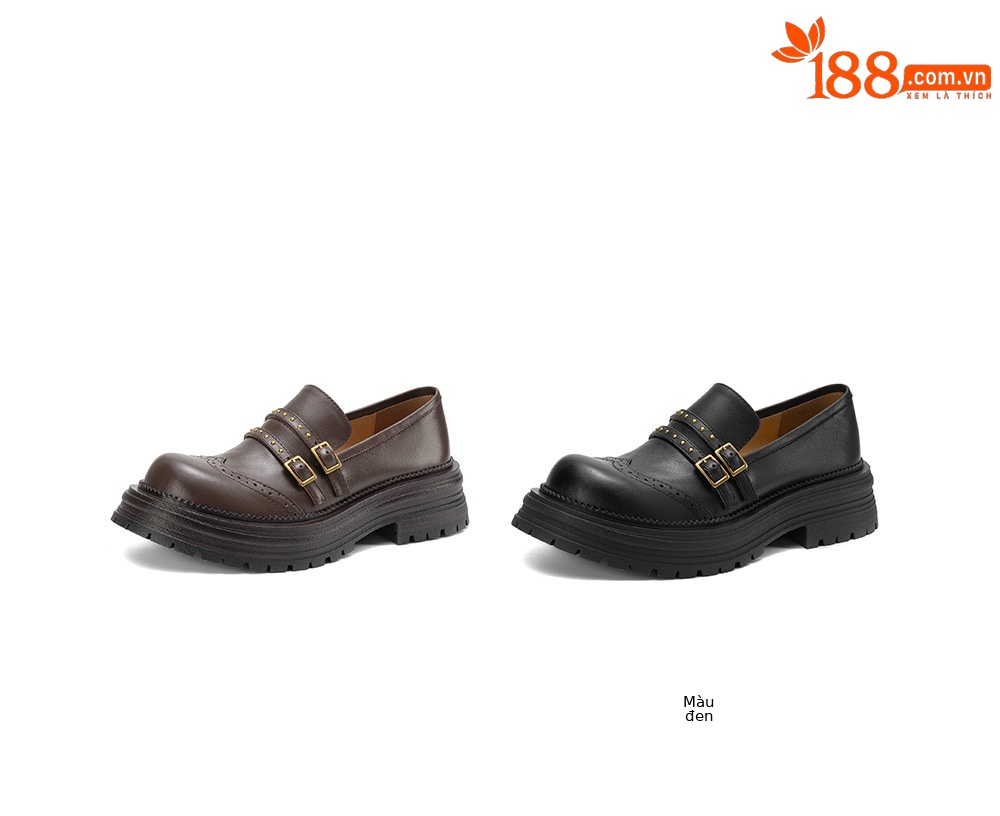 Giày cao gót nữ mũi tròn bít phong cách vintage, đế dày khóa đinh tán, gót thô ổn định — màu nâu chi tiết 4