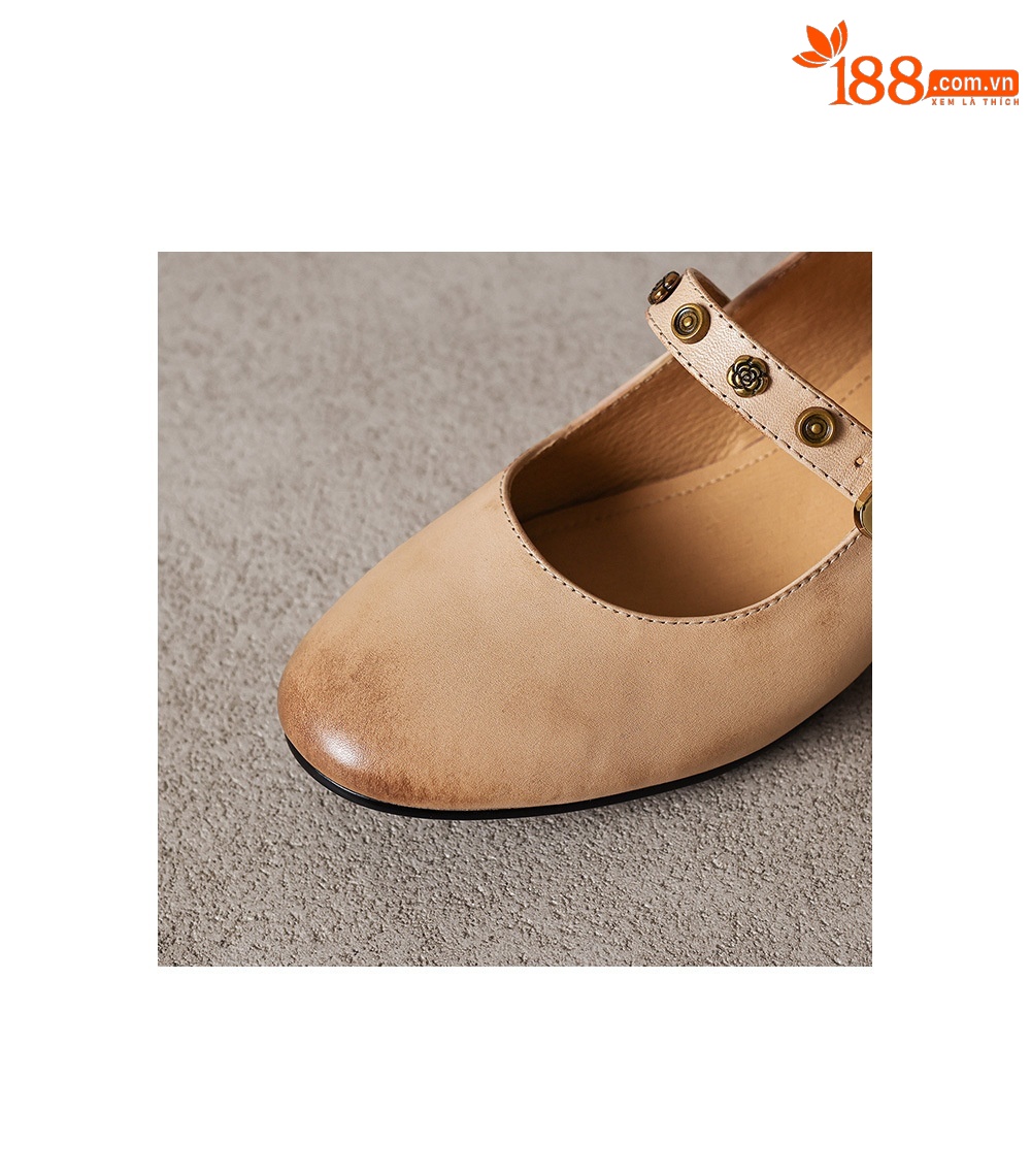 Giày Mary Jane nữ quai ngang khóa đinh tán, gót thô 4 cm, mũi tròn kiểu ballet — đen chi tiết 12