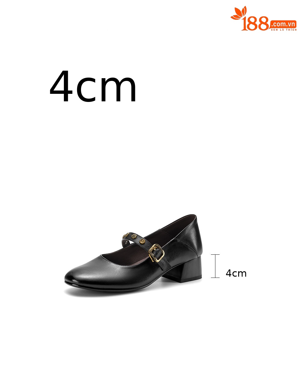 Giày Mary Jane nữ quai ngang khóa đinh tán, gót thô 4 cm, mũi tròn kiểu ballet — đen chi tiết 4