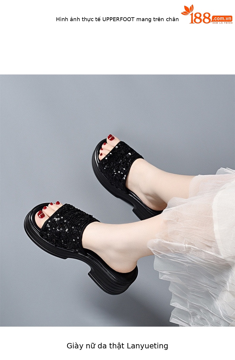 Dép sandal nữ quai chữ V đế dày gót thô phối sequin lấp lánh — màu đen chi tiết 2