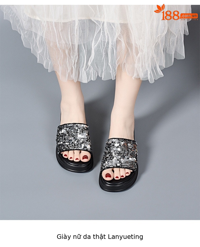 Dép sandal nữ quai chữ V đế dày gót thô phối sequin lấp lánh — màu đen chi tiết 3