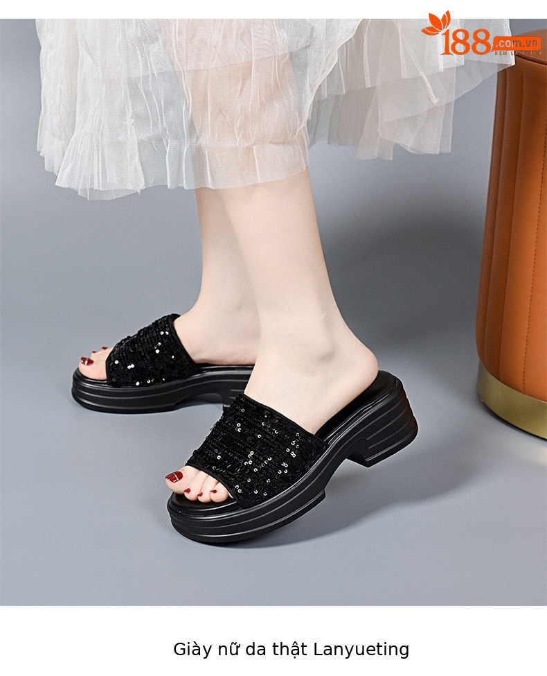 Dép sandal nữ quai chữ V đế dày gót thô phối sequin lấp lánh — màu đen chi tiết 4