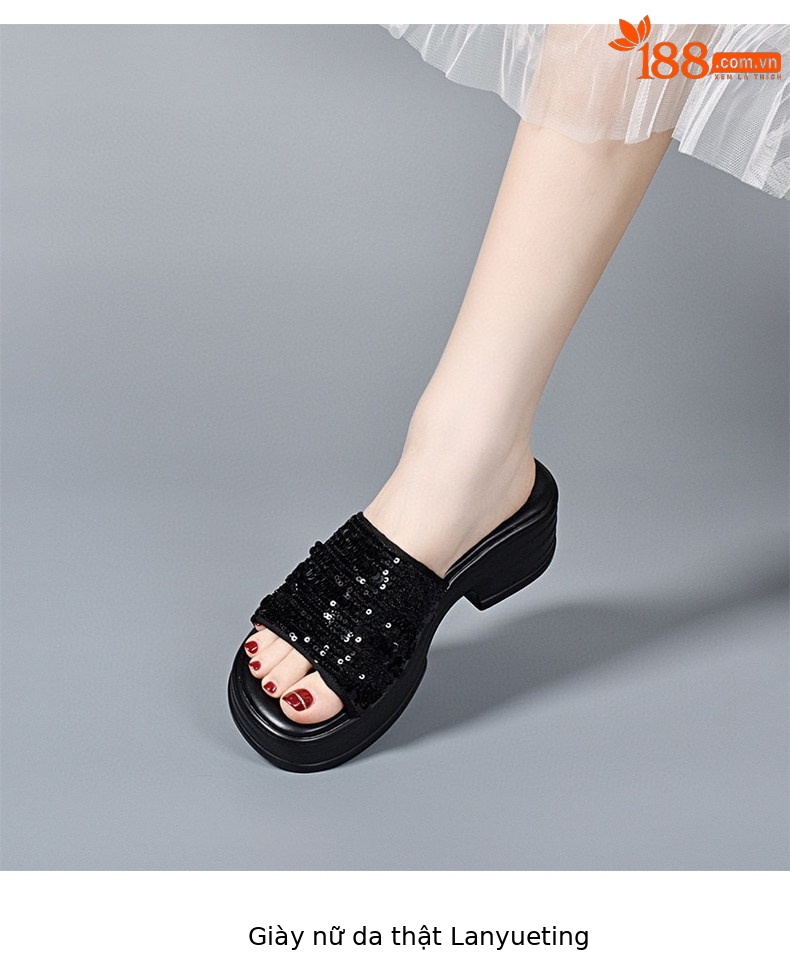 Dép sandal nữ quai chữ V đế dày gót thô phối sequin lấp lánh — màu đen chi tiết 5