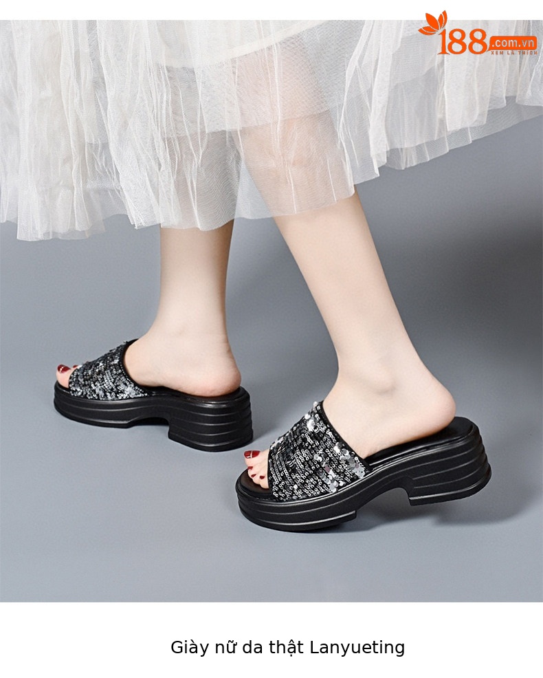 Dép sandal nữ quai chữ V đế dày gót thô phối sequin lấp lánh — màu đen chi tiết 6