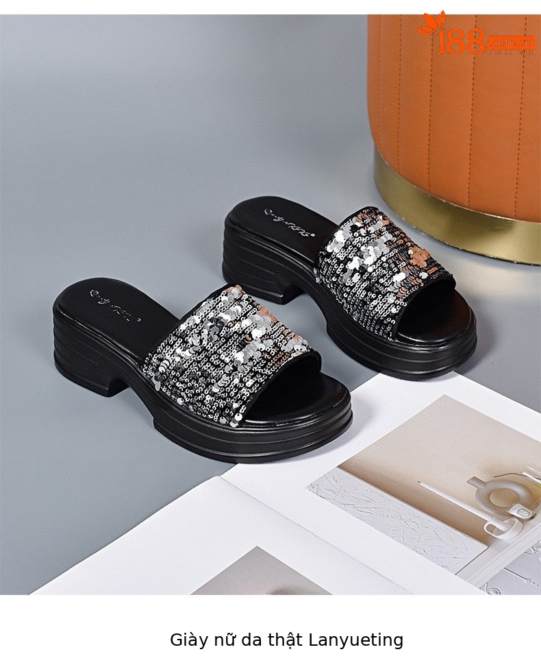 Dép sandal nữ quai chữ V đế dày gót thô phối sequin lấp lánh — màu đen chi tiết 7
