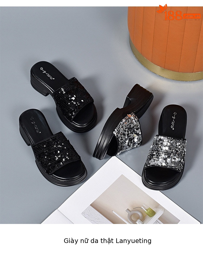 Dép sandal nữ quai chữ V đế dày gót thô phối sequin lấp lánh — màu đen chi tiết 8
