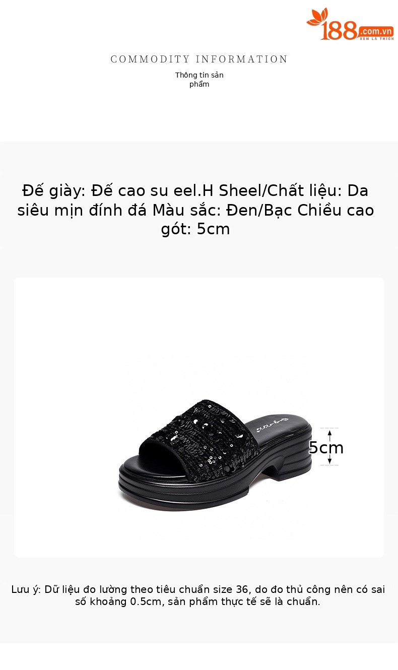 Dép sandal nữ quai chữ V đế dày gót thô phối sequin lấp lánh — màu đen chi tiết 1