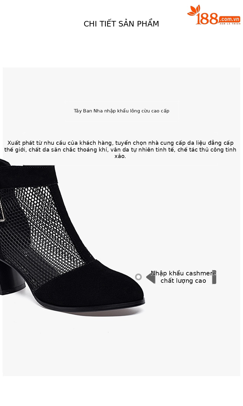 Sandal cao gót nữ mũi nhọn hở mũi, chất liệu da lưới thoáng khí, gót thô khoảng 7 cm — màu đen chi tiết 2