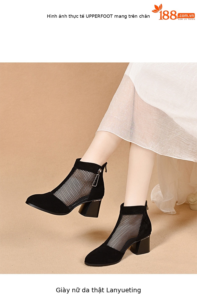Sandal cao gót nữ mũi nhọn hở mũi, chất liệu da lưới thoáng khí, gót thô khoảng 7 cm — màu đen chi tiết 3