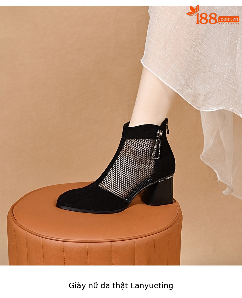 Sandal cao gót nữ mũi nhọn hở mũi, chất liệu da lưới thoáng khí, gót thô khoảng 7 cm — màu đen chi tiết 4