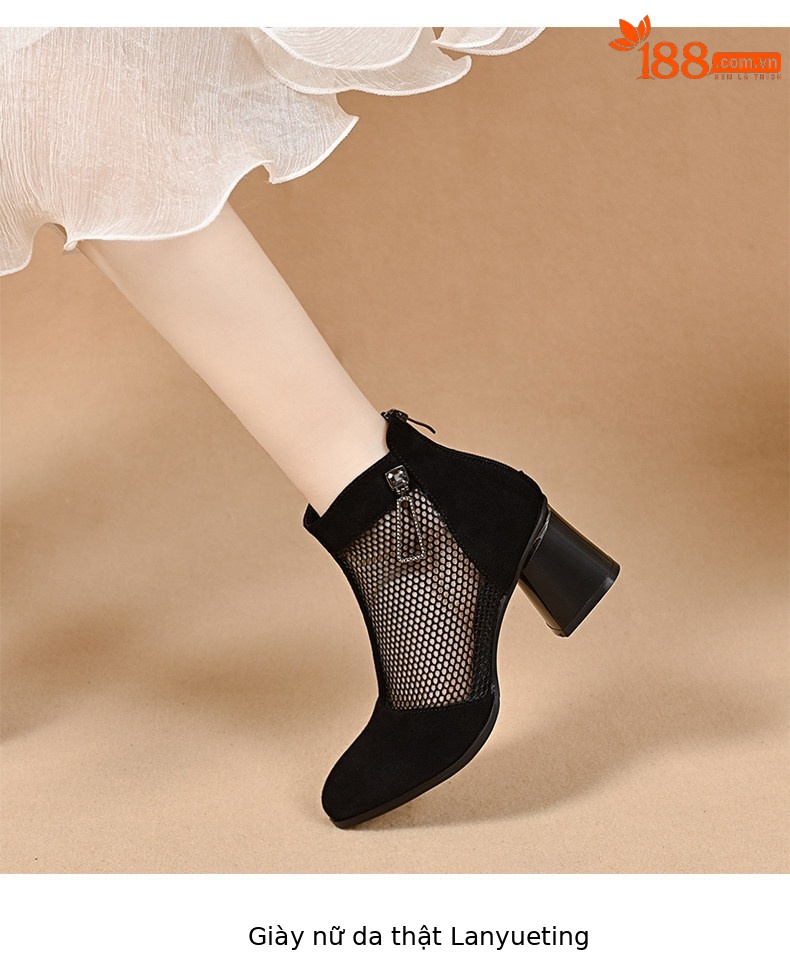 Sandal cao gót nữ mũi nhọn hở mũi, chất liệu da lưới thoáng khí, gót thô khoảng 7 cm — màu đen chi tiết 6